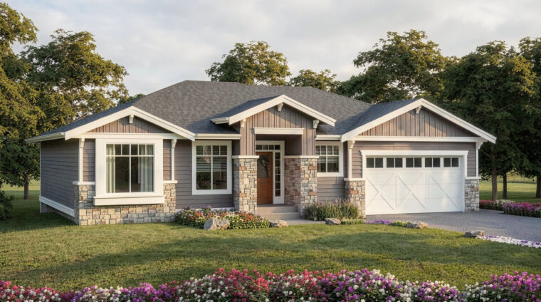 Jenish modern bungalow house plan front elevation with stone columns and attached two‑car garage — suitable for Kelowna, BC