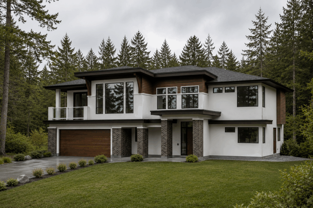 raised single family home design in bc built on a sloped lot