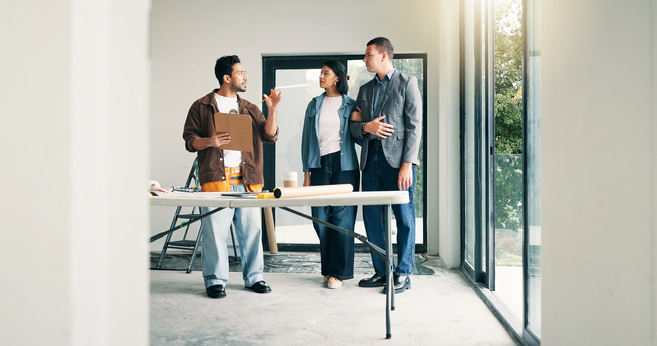 Builders discussing house plans